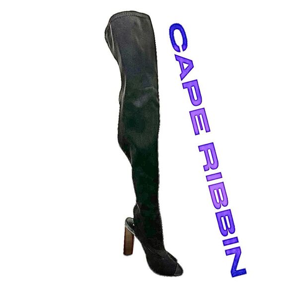 Cape Robbin Thigh High Boots Size 6 Connie 1 Black 4 1/4” Open Heel Peep Toe - Picture 1 of 9